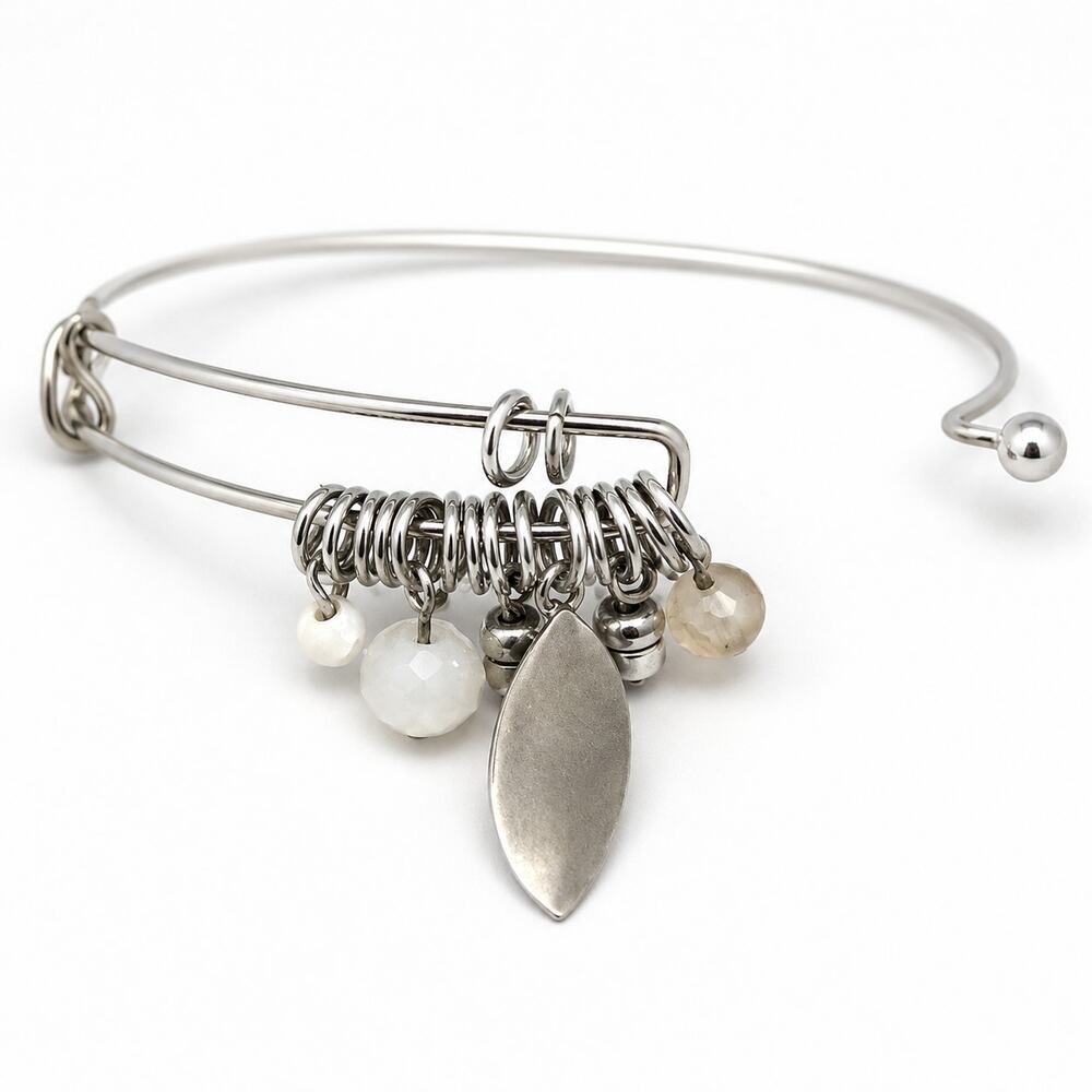 Silver Tone Expandable Charm Bangle Bracelet White Beads Leaf Dangle